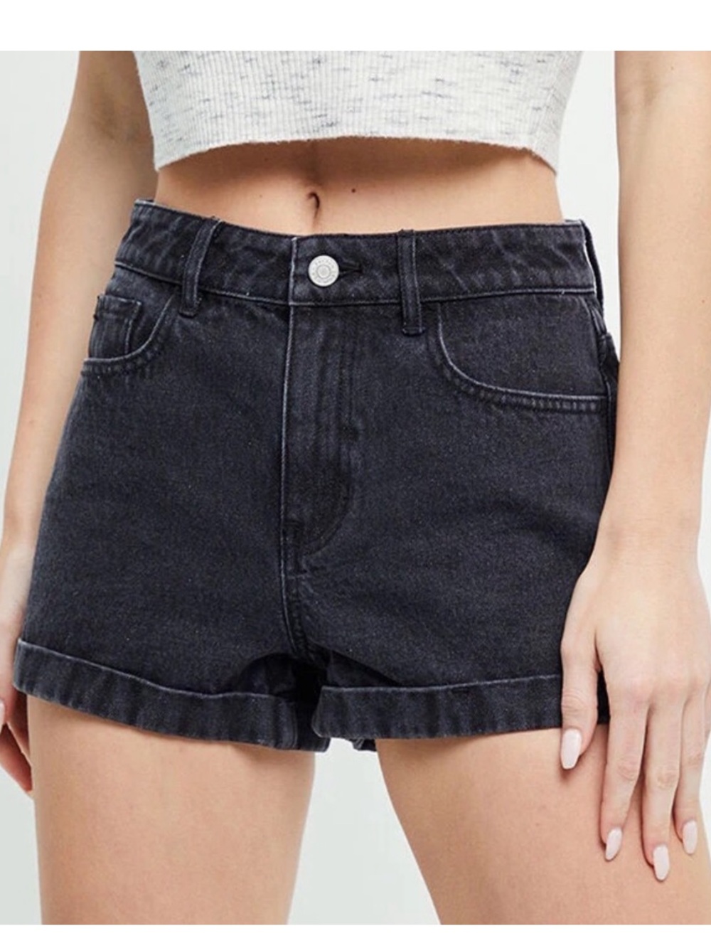 PacSun Women's High-Rise Washed Charcoal Black Denim Mom Cuffed Shorts